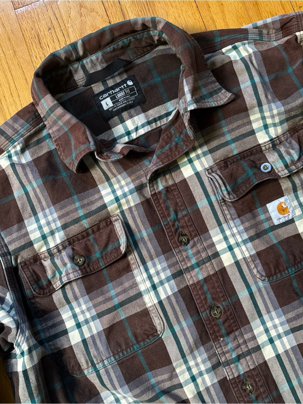 Carhartt Heavyweight Flannel Mens L Loose Fit Dark Brown Plaid Button Up 105078